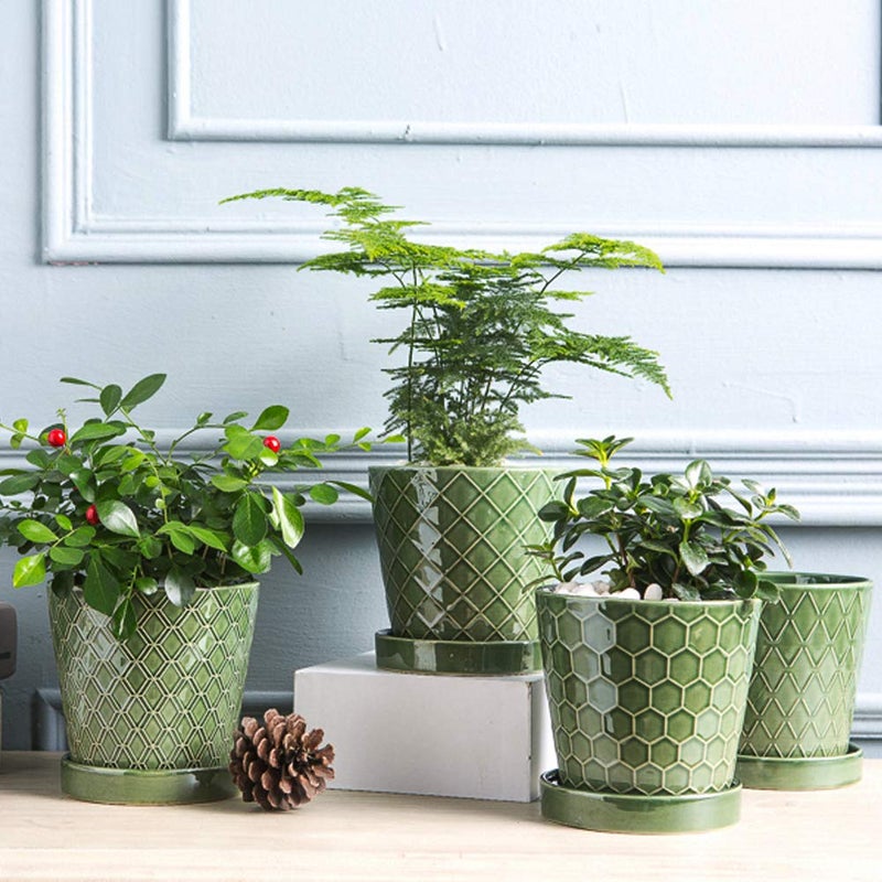 BUYMAX Plant Pots Indoor â€“5 inch Ceramic Flower Pot with Drainage Hole and Ceramic Tray - Gardening Home Desktop Office Windowsill Decoration Gift, Set of 4-Plants NOT Included (Patina) - Image 4